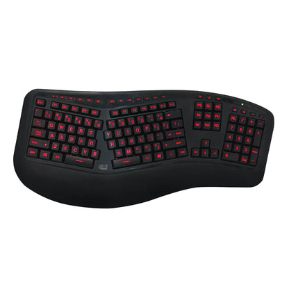 Adesso Tru-Form 150 3-Color Illuminated Ergonomic Keyboard with a split design and red backlit keys for easier typing.