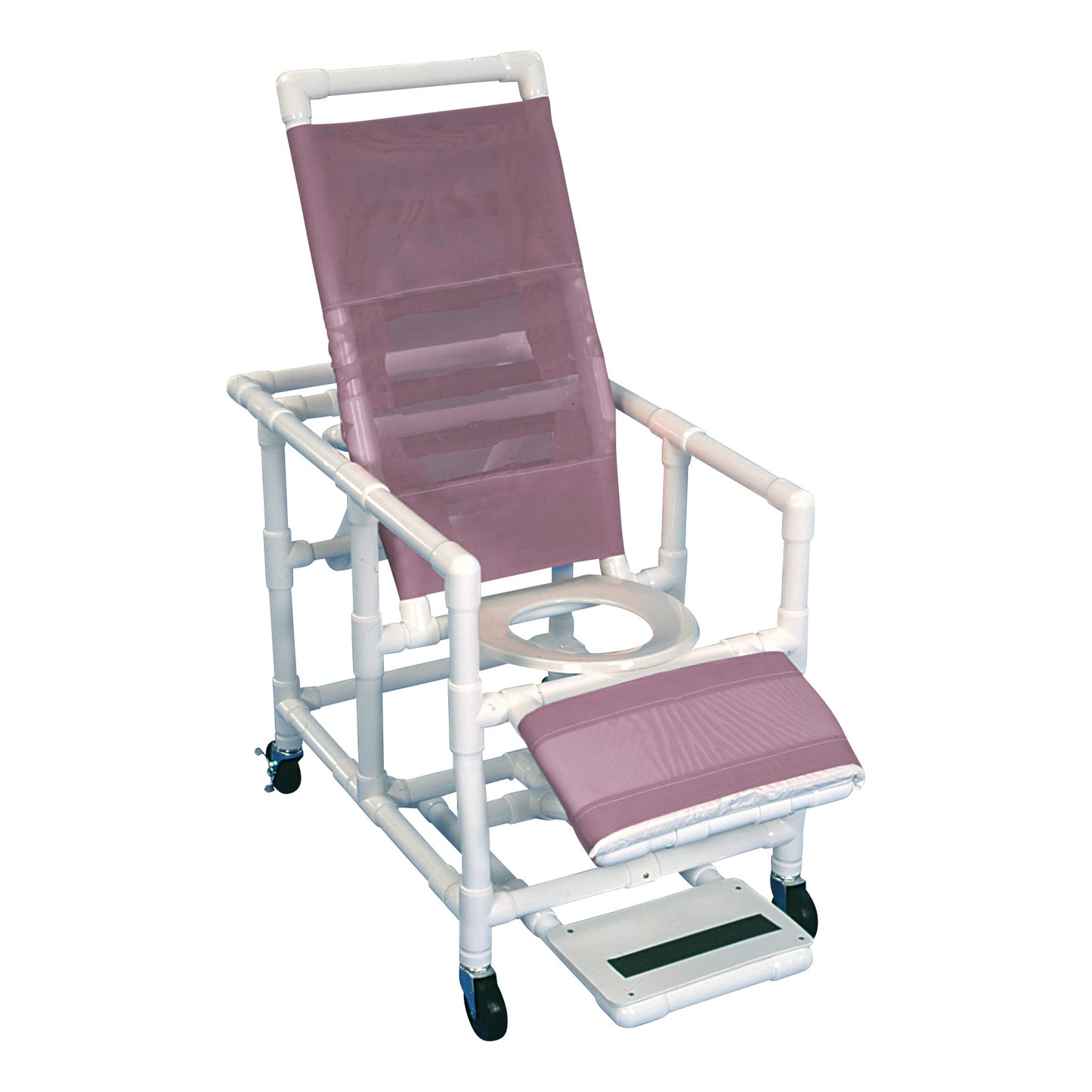 Healthline Reclining Shower Commode Chair with adjustable backrest, footrest, and wheeled base, featuring a PVC frame and purple fabric seat.