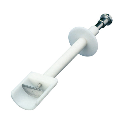 The Glossectomy Spoon is a medical device with a white handle and a metal blade, used to aid in surgical tongue procedures.