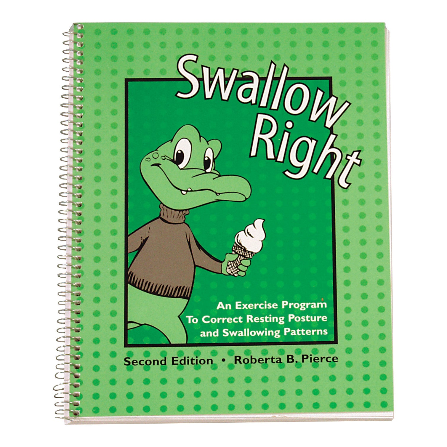 Spiral-bound book titled "Swallow Right, 2nd Ed." with a cartoon alligator holding an ice cream cone on the green polka dot cover.