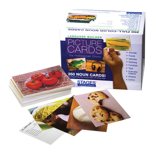 A box of "Language Builder Picture Noun Cards" with images of food, animals, and sports. The box includes 350 cards.