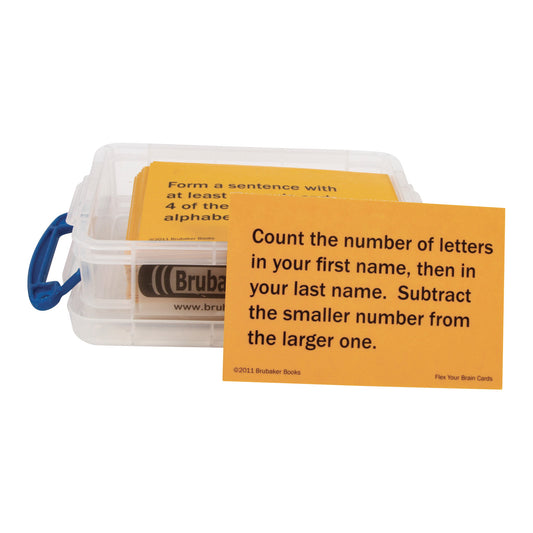 A plastic case holds Flex Your Brain Cards; a visible card reads: "Count the number of letters in your first name, then in your last name..."
