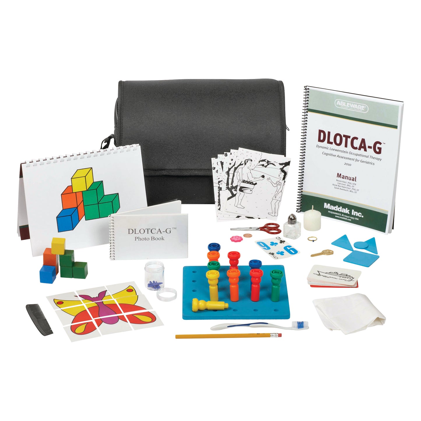 Dynamic Lowenstein Occupational Therapy Cognitive Assessment for Geriatrics (DLOTCA-G) kit with manuals, blocks, cards, and various tools.
