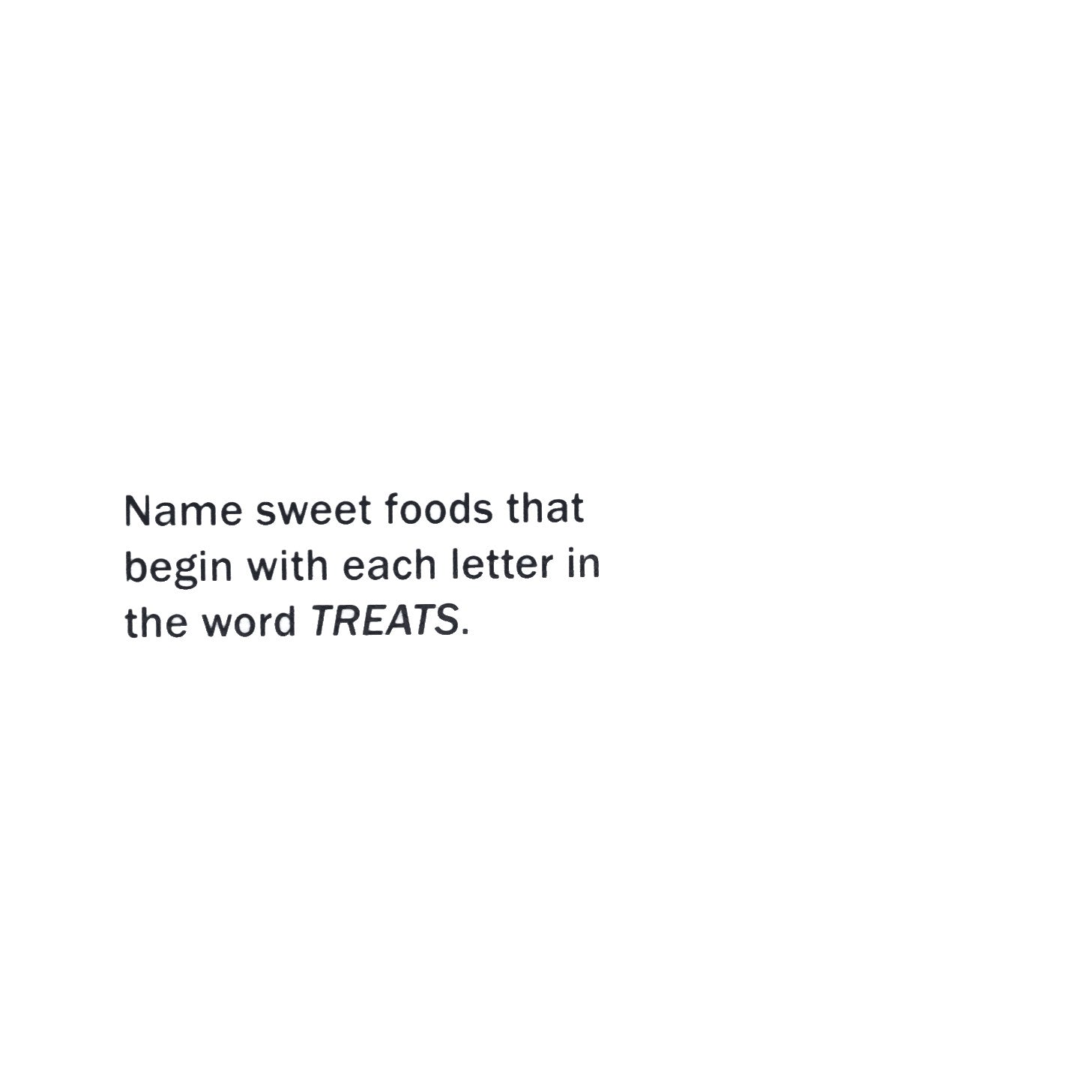 A card from Flex Your Language Cards prompts the naming of sweet foods starting with each letter in "TREATS," next to a plastic case.