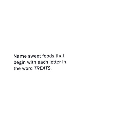 A card from Flex Your Language Cards prompts the naming of sweet foods starting with each letter in "TREATS," next to a plastic case.