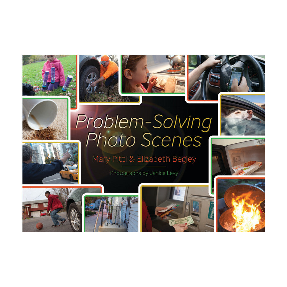 "Problem-Solving Photo Scenes" cover features diverse problem-solving scenes like fixing a tire, cooking, driving, and a dog in a car.