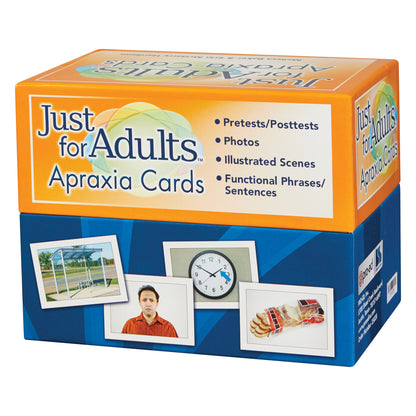 The box of Just for Adults Apraxia Cards has photos and descriptions, including a clock and a loaf of bread, for therapy use.