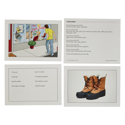 Just for Adults Apraxia Cards showing a hair salon scene, food and drink list, various phrases, and a pair of brown winter boots.