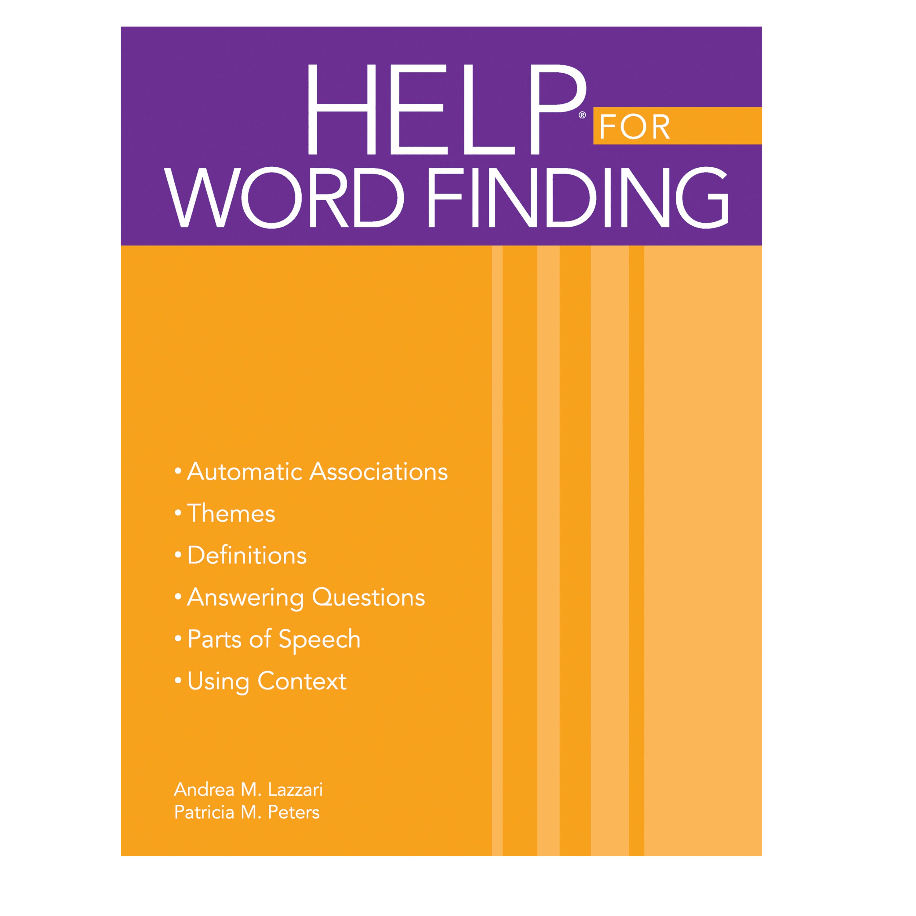 HELP for Word Finding book cover features a purple and orange design with text highlighting topics like themes, definitions, and context.