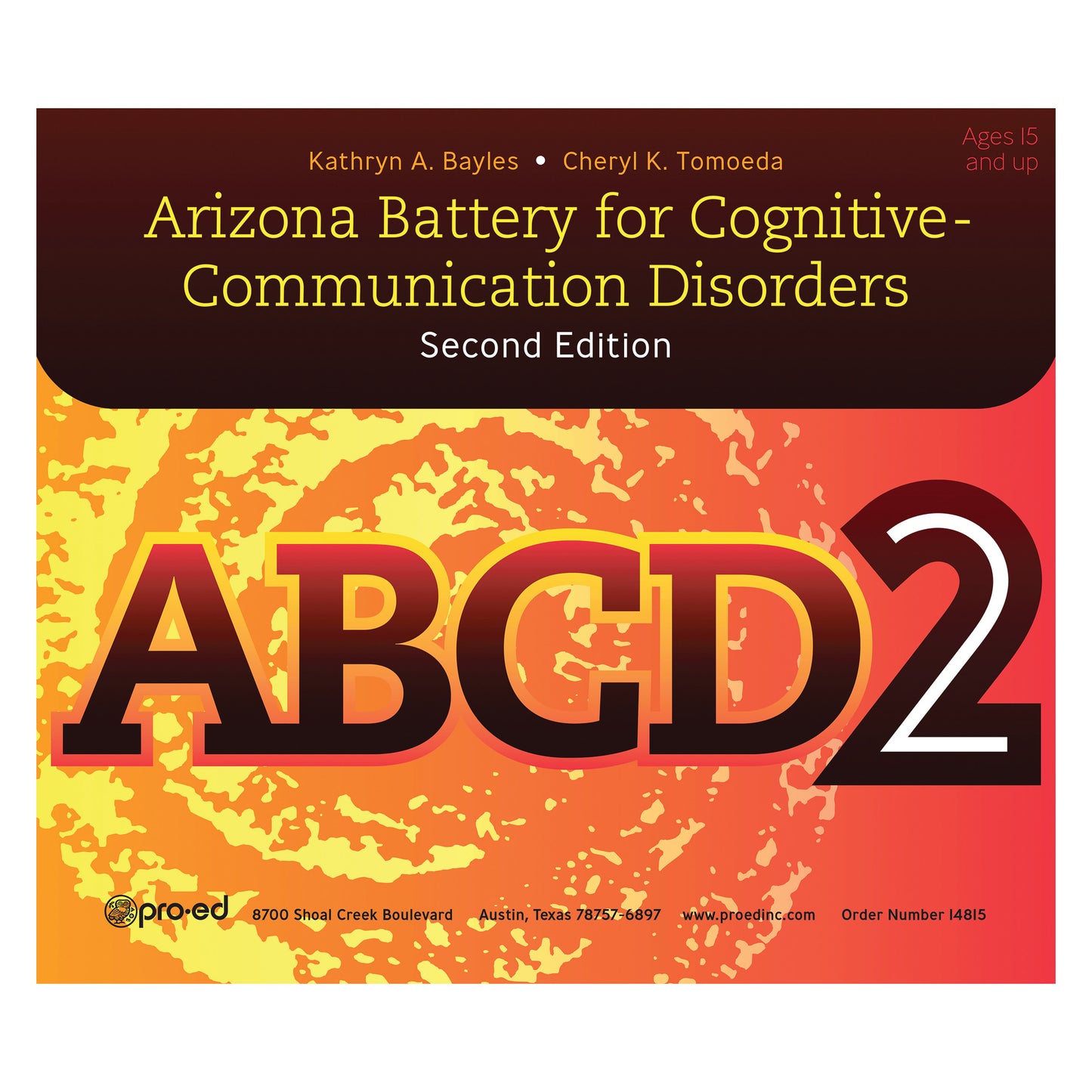 Cover image for "Arizona Battery for Cognitive Communication Disorders, 2nd Ed. (ABCD-2)" with a vibrant orange background.