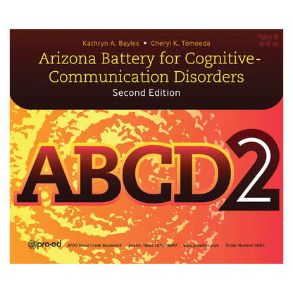 Cover image for "Arizona Battery for Cognitive Communication Disorders, 2nd Ed. (ABCD-2)" with a vibrant orange background.