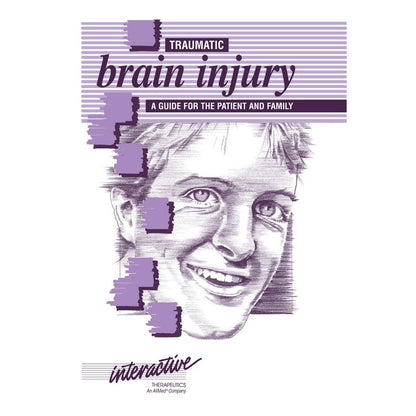 The cover of AliMed Traumatic Brain Injury: A Guide for the Patient and Family features a sketch of a smiling person with purple graphics.
