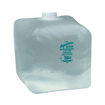 A 5-liter container of Parker Aquasonic Clear Ultrasound Gel with a white cap and green text on the front.