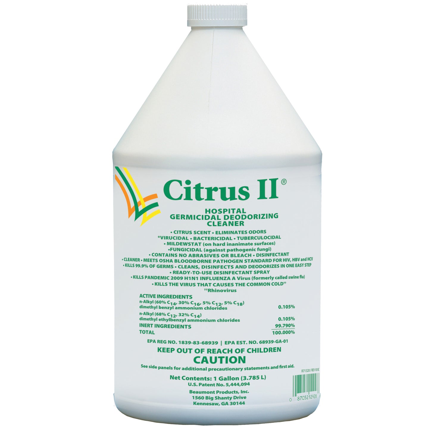 A gallon container of Citrus II Hospital Germicidal Deodorizing Cleaner with details about its contents and usage on the label.