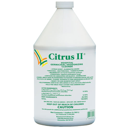A gallon container of Citrus II Hospital Germicidal Deodorizing Cleaner with details about its contents and usage on the label.