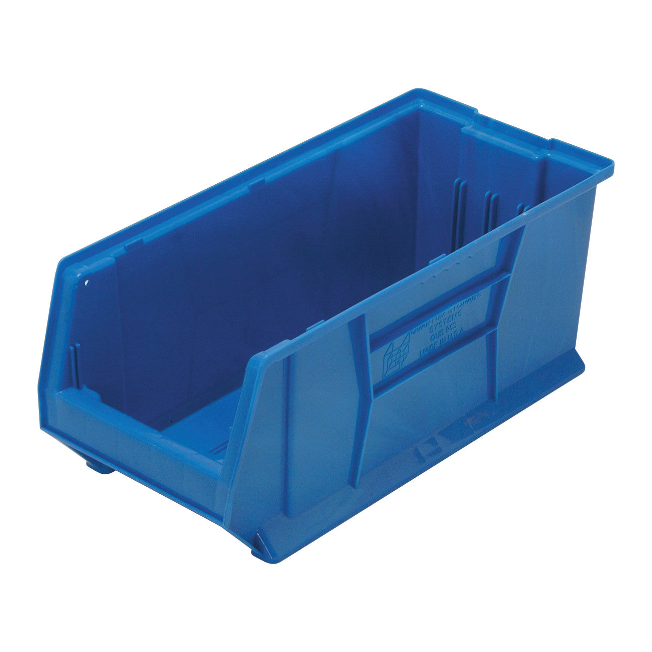 A blue Quantum Hulk Container, a rectangular open-top storage bin with reinforced sides, is shown in the image.