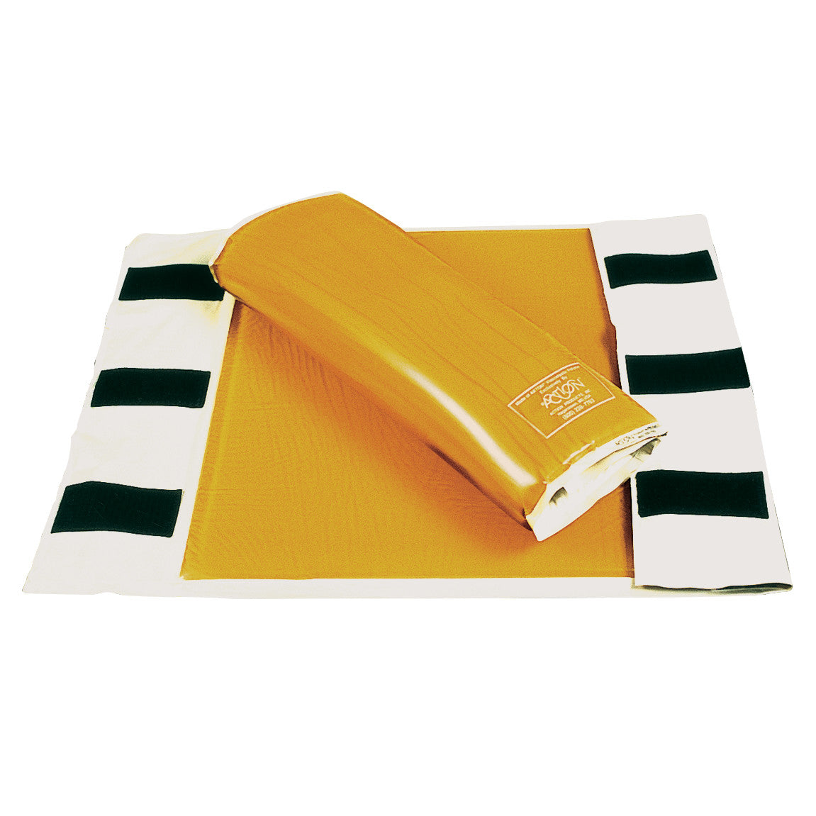 An AliMed AliGel Chest Roll Cover, featuring a yellow gel cushion with white fabric ends and black straps.