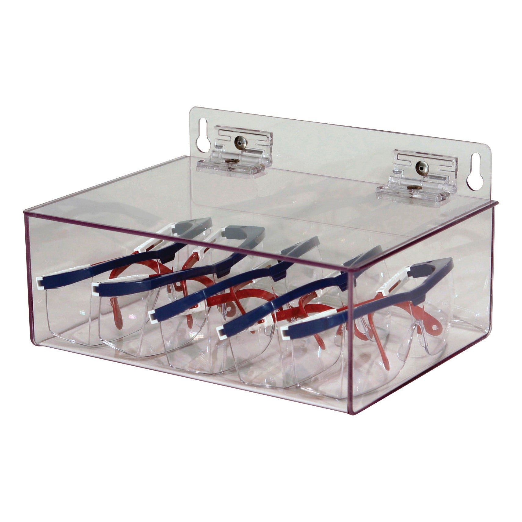 A transparent Safety Glasses Dispenser containing several pairs of safety glasses with blue and red frames, mounted on a wall.