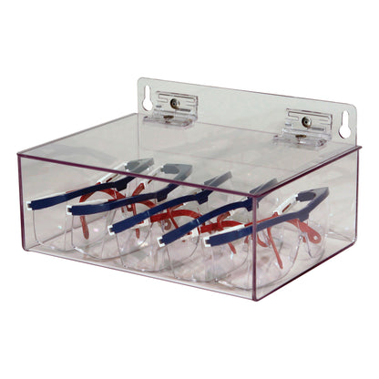 A transparent Safety Glasses Dispenser containing several pairs of safety glasses with blue and red frames, mounted on a wall.