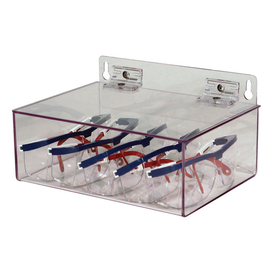 A transparent Safety Glasses Dispenser containing several pairs of safety glasses with blue and red frames, mounted on a wall.