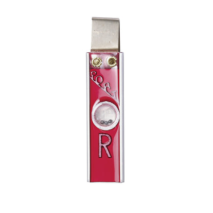 Red aluminum position indicator left/right X-ray marker with engraved "R" and metal tab on top, featuring a small bubble level.