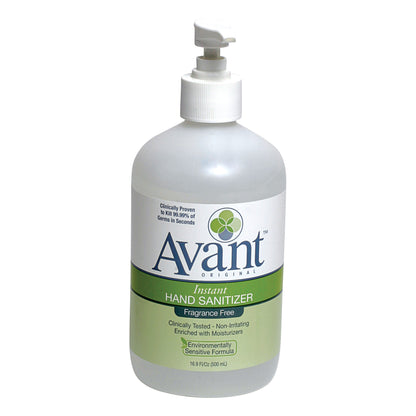 Avant Instant Hand Sanitizer in a 16.9 fl oz bottle with a pump, fragrance-free, clinically tested, enriched with moisturizers.