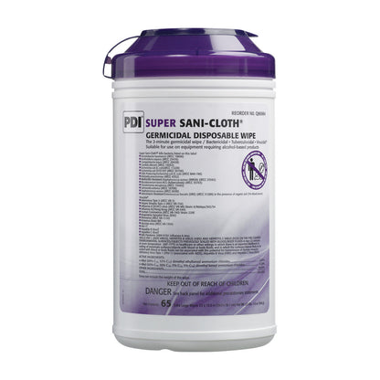 Container of PDI Super Sani-Cloth Germicidal Disposable Wipes with a purple lid and product information printed on the label.
