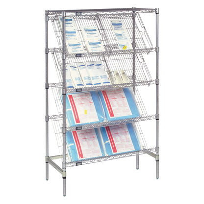 A Nexel Suture Cart with angled wire shelves holding various medical supplies, including packaged sterile items and documents.