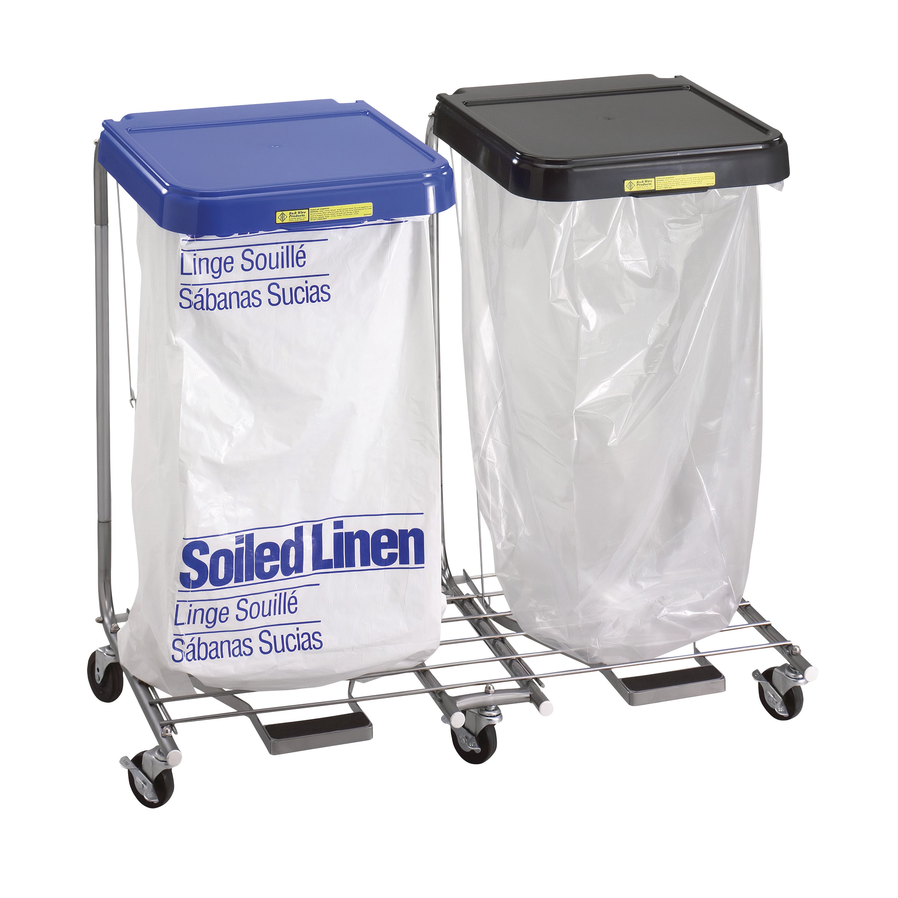 Two Disposable Poly-Liner Bag holders on a metal rack; one marked "Soiled Linen" with a blue lid, the other unmarked with a black lid.