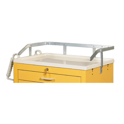 Yellow medical cart with a white top, featuring the AliMed Cart Accessory: Heavy-Duty Railing and a locking mechanism on the drawer.