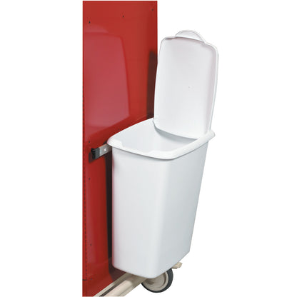 A white plastic AliMed Cart Accessory: Waste Container for Select/Standard/Wide Series Medical Carts, attached to a red medical cart.