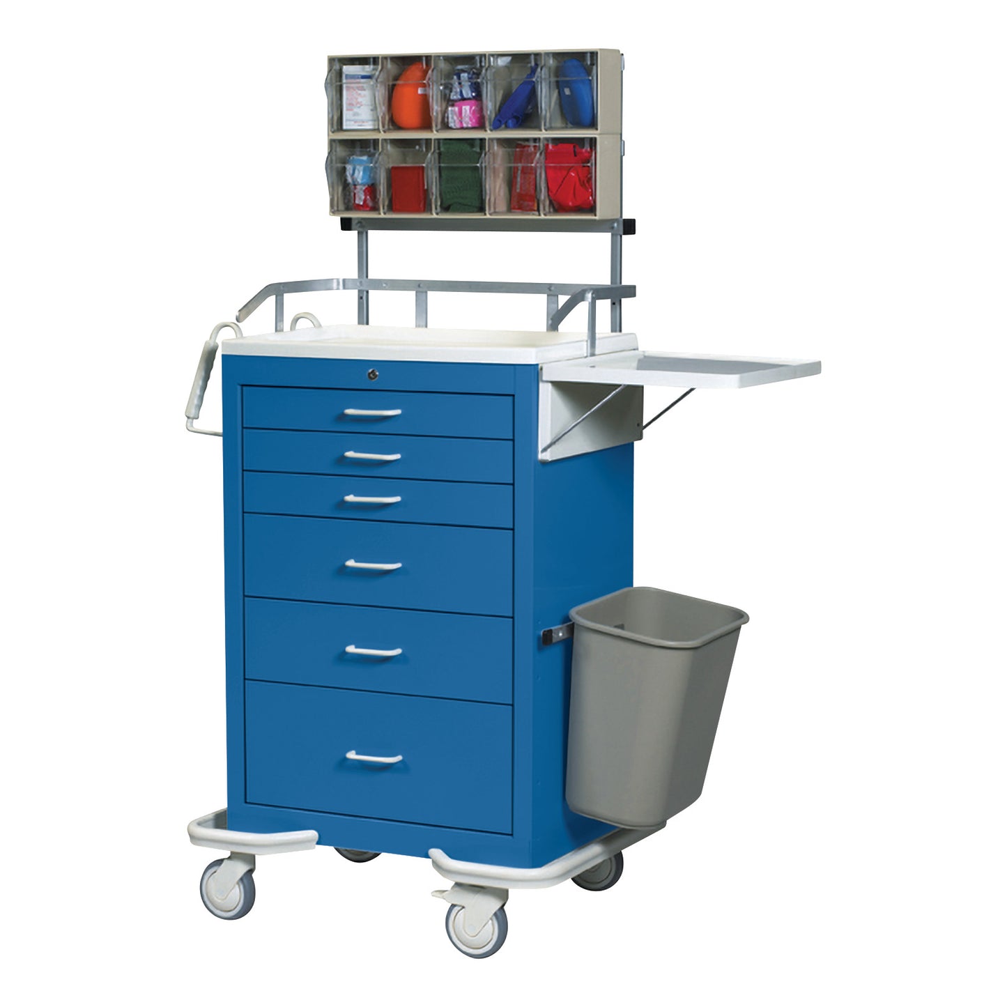 Accessory Packages for AliMed Standard Series Anesthesia Medical Carts with multiple drawers, bins on top, and a side trash bin.