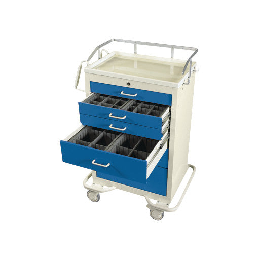 Accessory Packages for AliMed Standard Series Anesthesia Medical Carts with blue drawers and dividers, featuring wheels and a handle.
