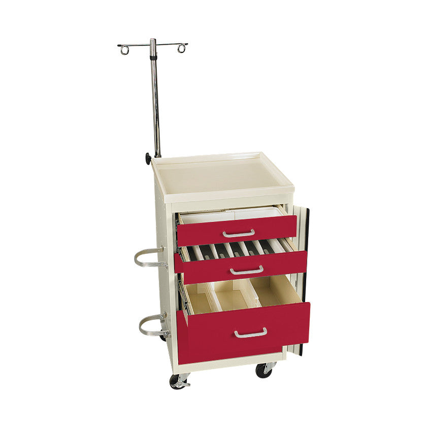 Accessory Package for AliMed Mini Series Emergency Medical Carts featuring red drawers, an IV pole, and mounted on wheels.