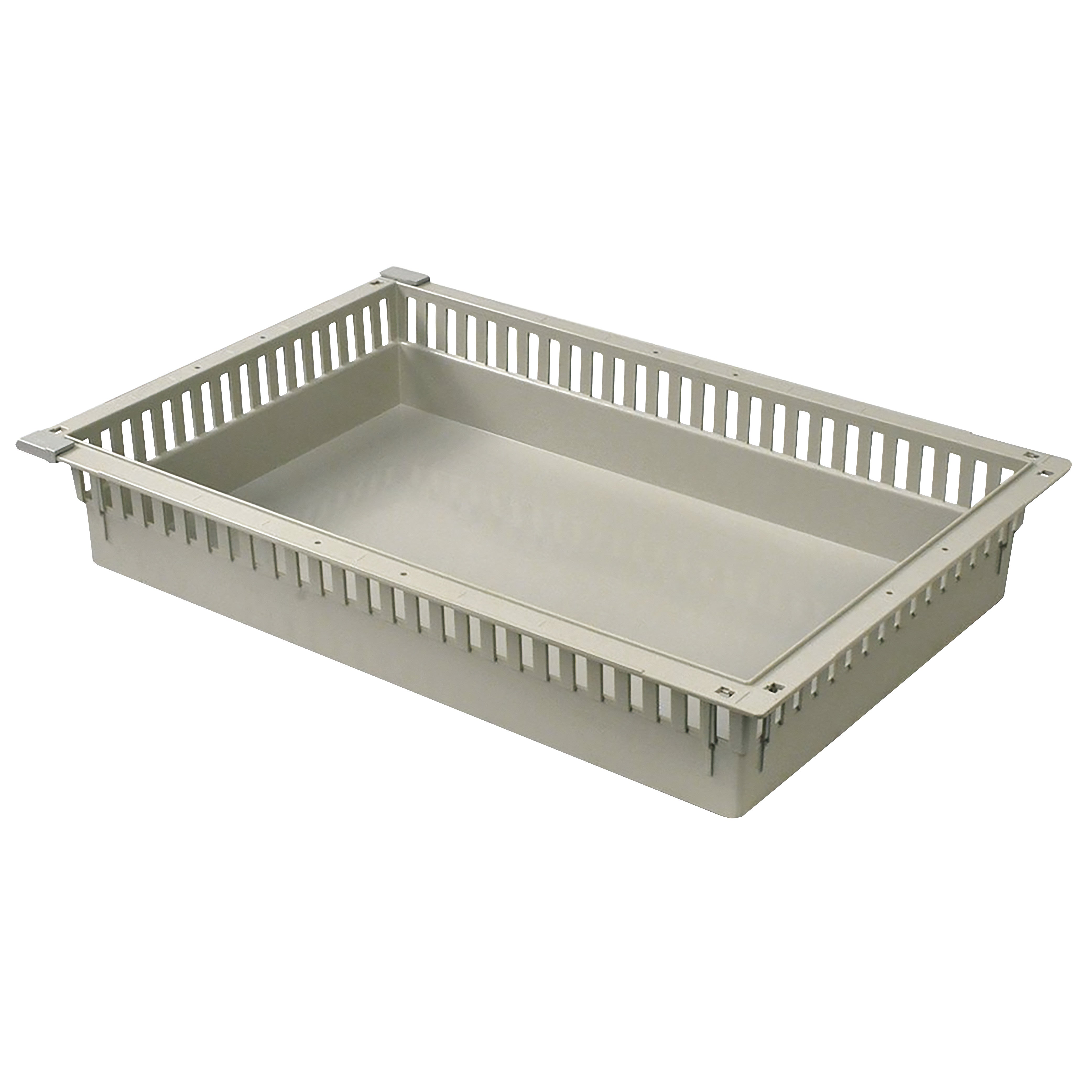Harloff MedStorMax Modular Exchange Tray, a beige rectangular tray with slotted sides and a flat bottom, is shown in the image.