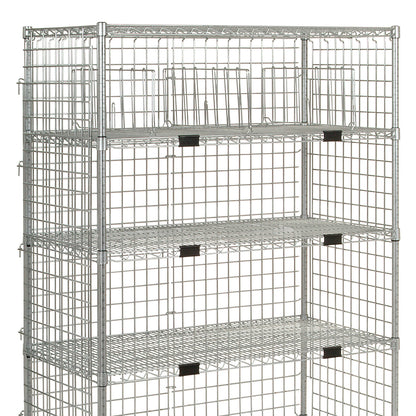 A metal shelving unit with four wire shelves, featuring the Enclosure Panel for AliMed Standard-Duty Wire Shelving.