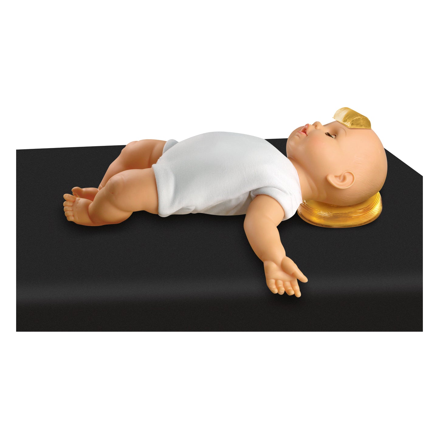 A doll lies on its back with its head on an AliMed AliGel Forehead Protector, simulating the use of a medical positional aid.