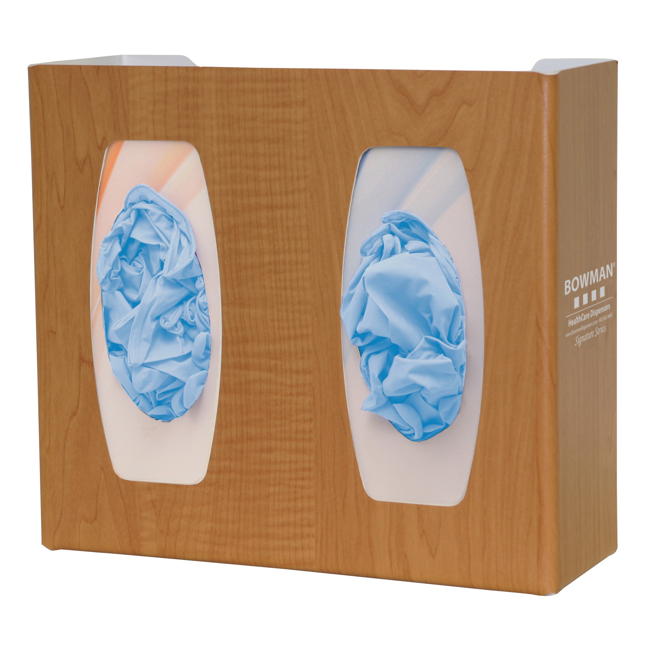 Bowman Signature Series Fauxwood Glove Box Dispenser holds crumpled blue gloves, featuring a wood-like finish with two viewing openings.
