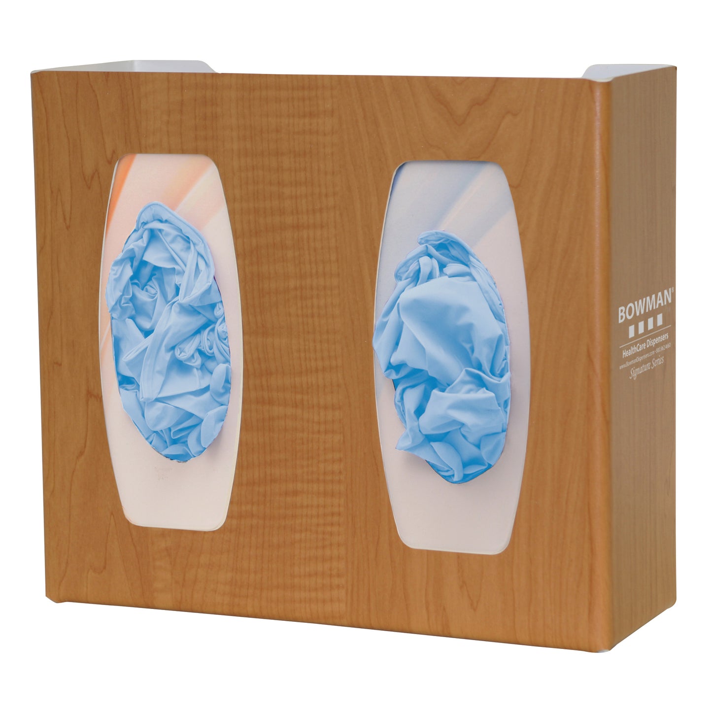 Bowman Signature Series Fauxwood Glove Box Dispenser holds crumpled blue gloves, featuring a wood-like finish with two viewing openings.