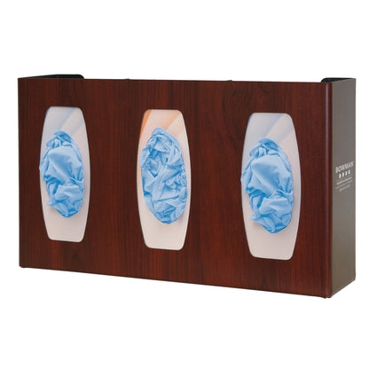 The Bowman Signature Series Fauxwood Glove Box Dispenser holds three compartments with visible blue gloves inside.