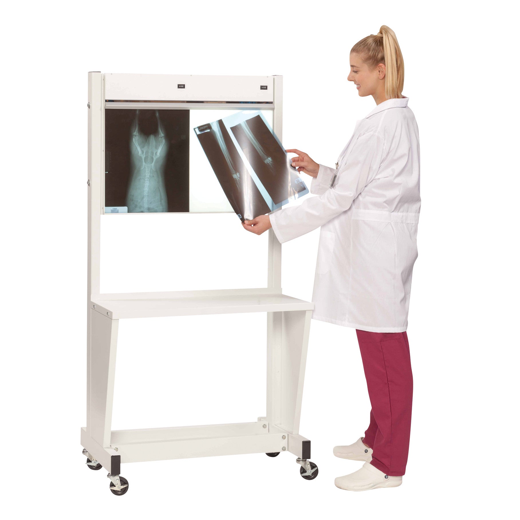 A person in a lab coat examines X-ray films on a Wolf Trimline III Mobile Illuminator with a shelf and wheels.