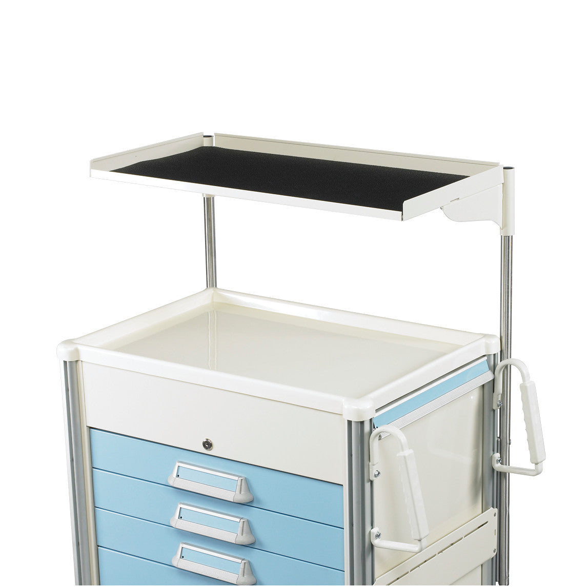 AliMed Cart Accessory: Deep Single-Shelf Unit for Select/Standard Series Medical Carts, featuring a top shelf and blue drawers.
