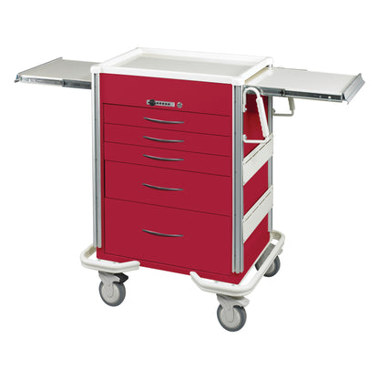 AliMed Select Series 5-Drawer Anesthesia/Procedure Cart with Push-Button Lock, in red, with extendable side trays and caster wheels.