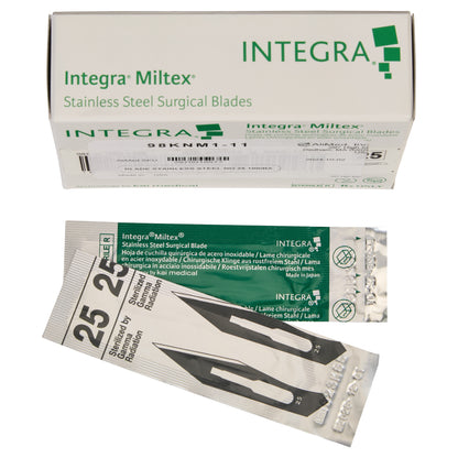 Box and packet of Miltex Stainless Steel Surgical Blades, highlighting packaging details and blade image on the packet.