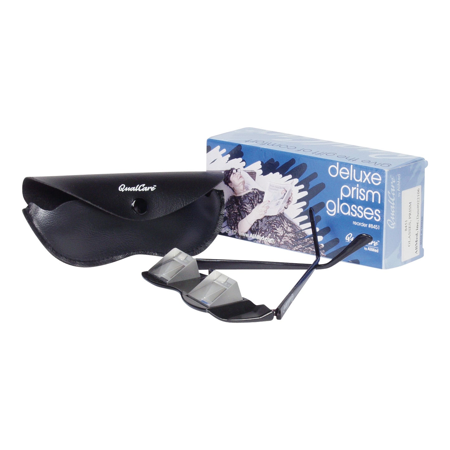 AliMed Deluxe Prism Glasses with black frame and leather case, next to its blue packaging box.