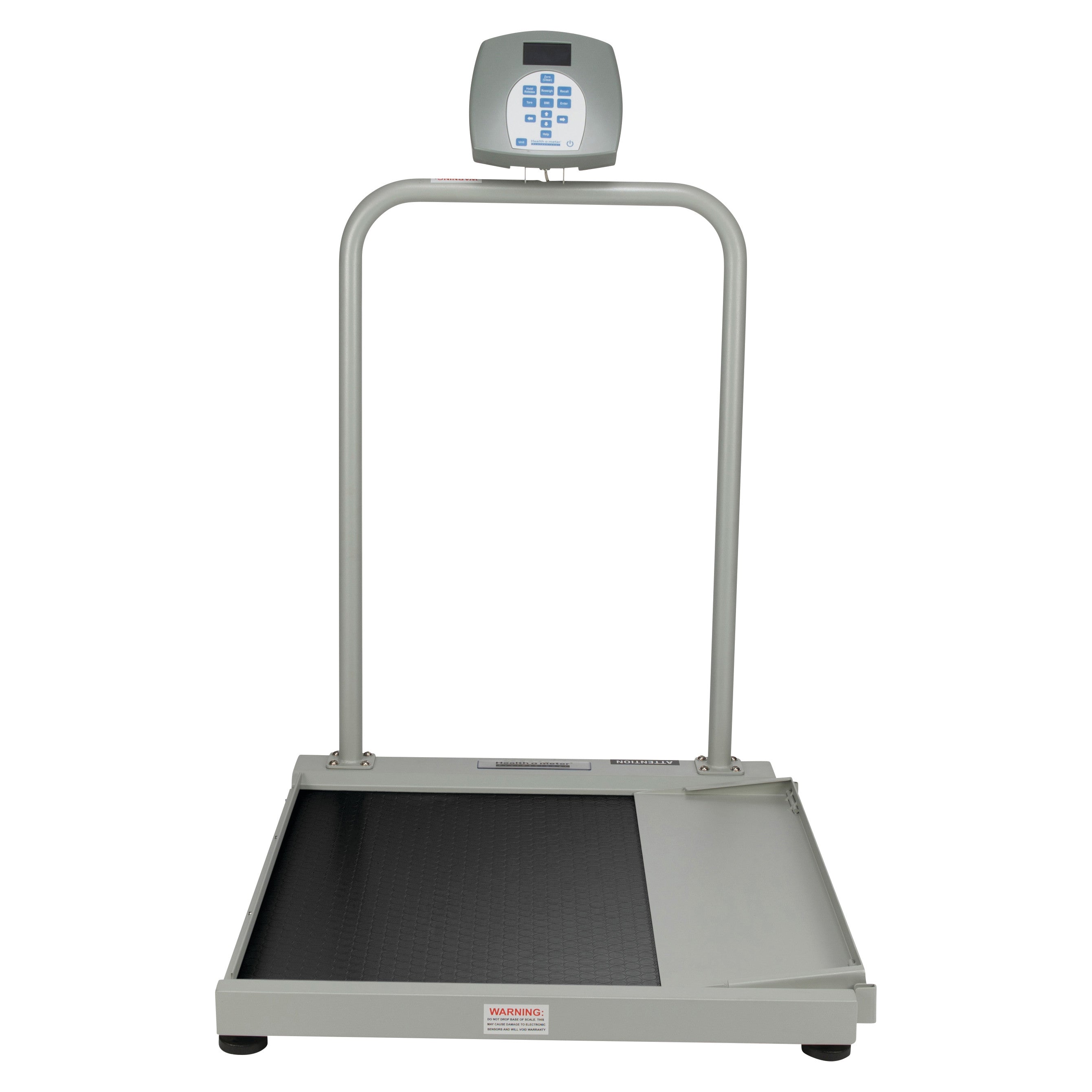 A Health o meter Digital Wheelchair Ramp Scale with a black platform, side rails, and a digital display mounted above.