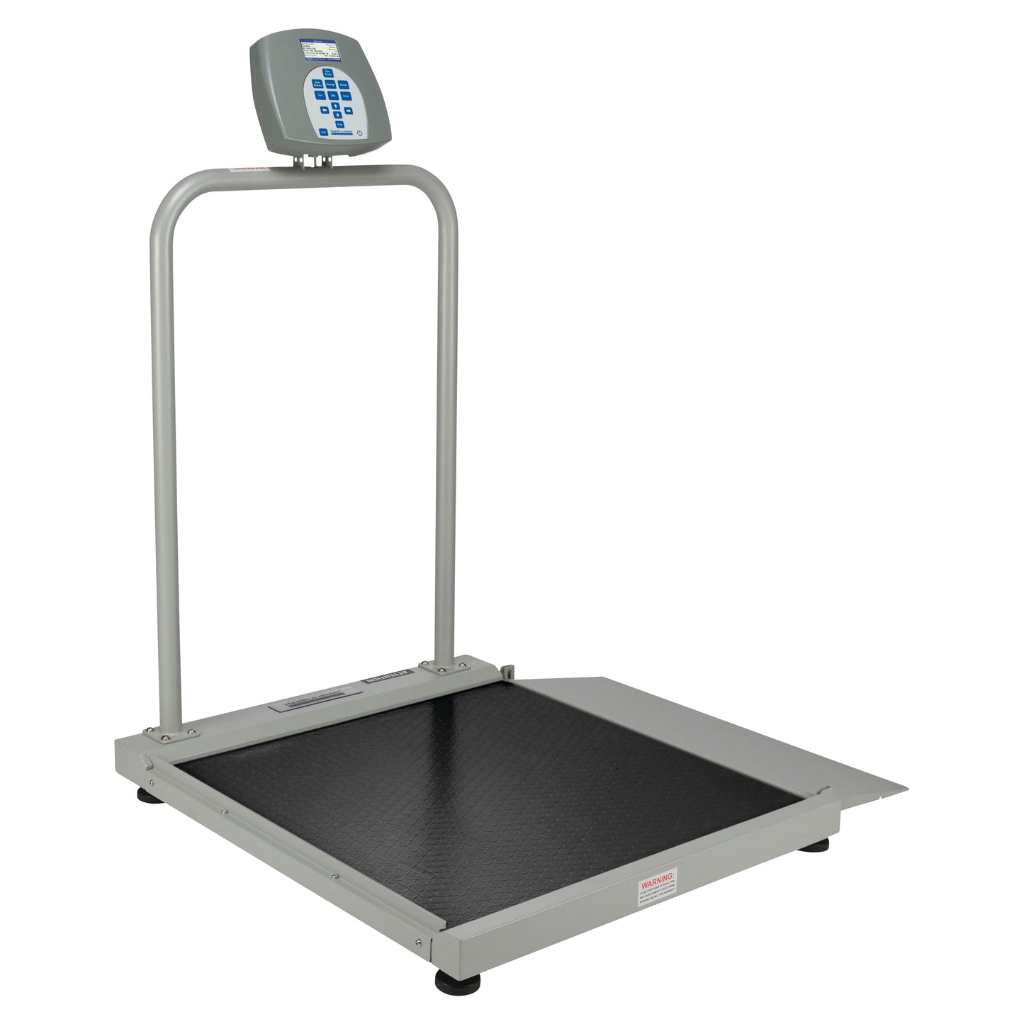 A Health o meter Digital Wheelchair Ramp Scale with a digital display on a tall handle and a non-slip platform.