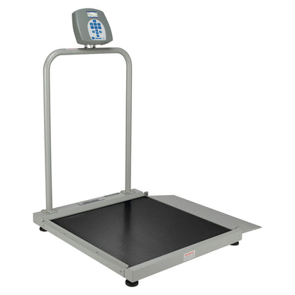 A Health o meter Digital Wheelchair Ramp Scale with a digital display on a tall handle and a non-slip platform.