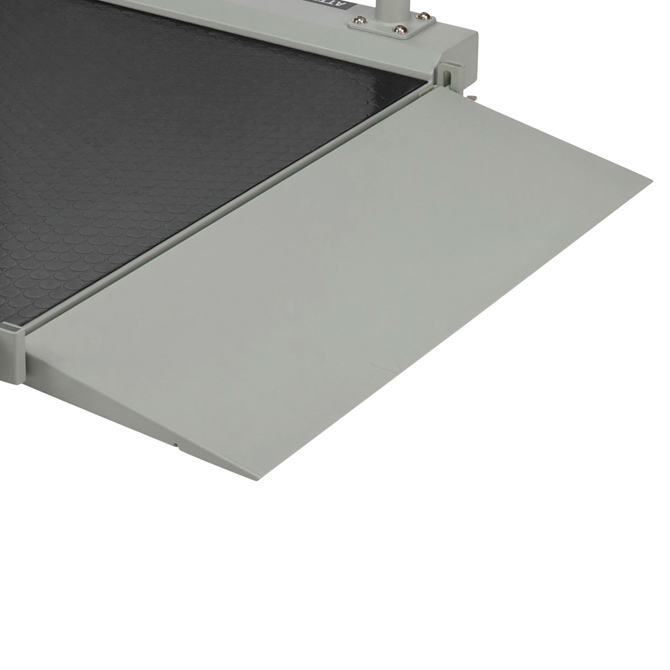 A Health o meter Digital Wheelchair Ramp Scale with a black textured platform and a foldable gray ramp.