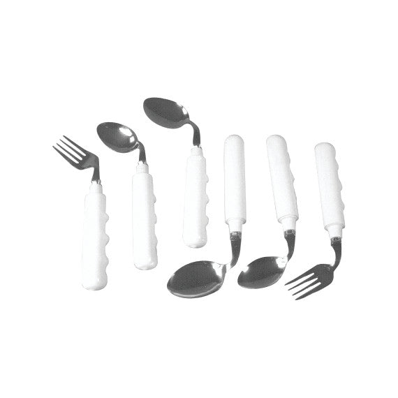 Grip-Tight Straight Utensils with white handles, including bent spoons and forks, designed for easy gripping.